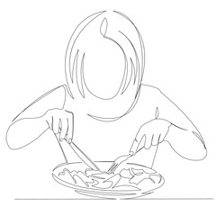 One continuous single drawn line art doodle girl, lunch, happy, food, female. isolated image hand-drawn contour on a white background