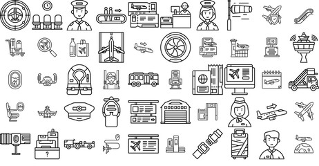 Mega Set Of Vector Goofy Airport Line Icons Collection Isolated Silhouette Solid Icons Including Travel,Flight,Airport,Baggage,Landing Pictograms And Infographics Design Elements Vector Illustration