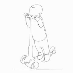 One continuous line drawing. Isolated hand outline image on white background. Little kid riding scooter