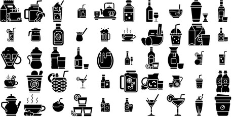 Mega Set Of Vector Goofy Beverage Solid Vector Symbols Apps, Websites Ui Designs Suitable For Drink,Alcohol,Cocktail,Coffee,Beverage Business Infographic Elements Logo Vector Illustration