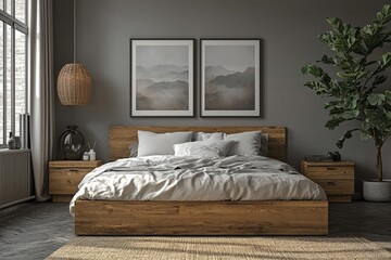 Scandinavian interior design of modern bedroom. Natural wood bed and bedside cabinets against wall with two poster frames