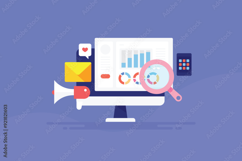 Poster business analytics marketing data on software interface, chart, graph and diagram report vector illu
