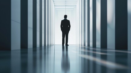 Obraz premium A silhouette of a man standing in a modern corridor, evoking feelings of solitude and reflection in a dynamic urban setting.