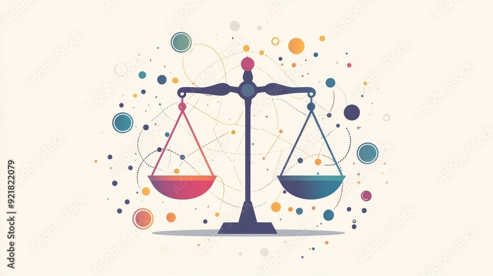 Sticker Balanced scales of justice symbolizing the equilibrium of unity in diversity through an interconnected minimalist flat design