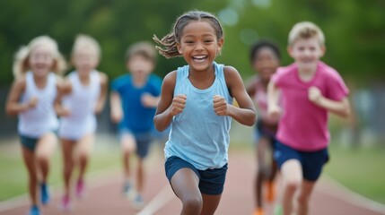 Happy Young Girl Running Race.