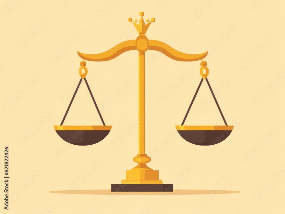 Poster Balanced Scales of Justice with a Crown Representing the Concept of Authority and in a Flat Design Symbol of Legal System Governance and Impartial Decision Making