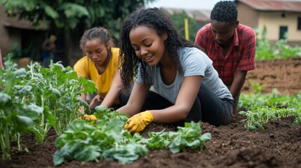 Young woman gardening with friends.