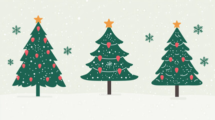 Fototapeta premium Three Christmas trees with red lights and a star on top