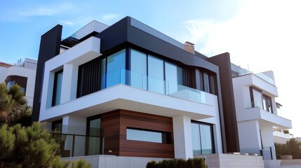 Obraz premium Modern house with a minimalist design featuring clean lines and large windows.