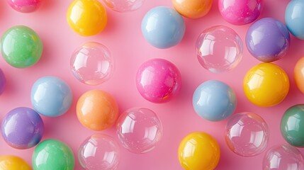 Bubble of bubblegum splashes and colorful chewing gum balls on white background,Glitter slime dripping gum packaging, chewing dragees and bubblegum stripe flat vector illustration.