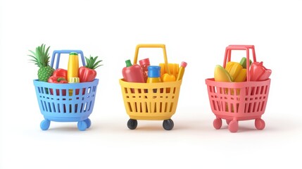 Grocery shopping with shopping cart,Fast supermarket shopping cart full of fresh groceries on color background,Hand holding shipping basket full of grocery product,Vector flat shopping trolley.