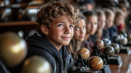 Young boy looking at globes in a classroom.