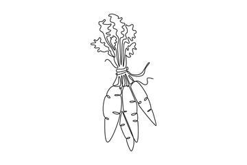 Single continuous line drawing bunch whole healthy organic carrots pile for farm logo identity. Fresh biennial plant concept for root vegetable icon. One line draw graphic design vector illustration