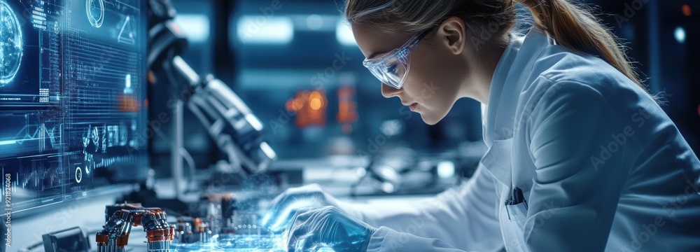 Poster a female scientist working with advanced technology in a high-tech lab