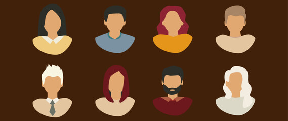 Vector illustration. Eight icons. Avatar, user profile, person icon, profile picture. Suitable for social media profiles, icons, screensavers and as a template.