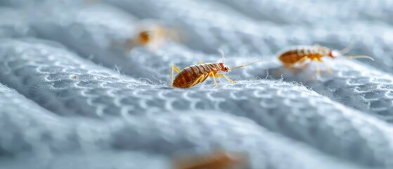 Close-up of bed bugs on a mattress, highlighting their texture and environment. Ideal for pest control and awareness topics.