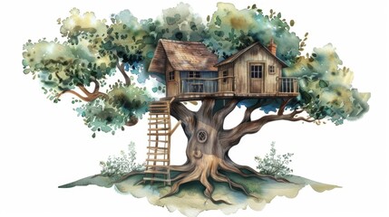 whimsical watercolor illustration of a tree house