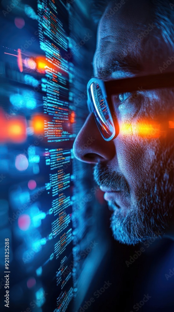 Poster cybersecurity expert in a command center with encrypted data screens, encryption, high-level securit