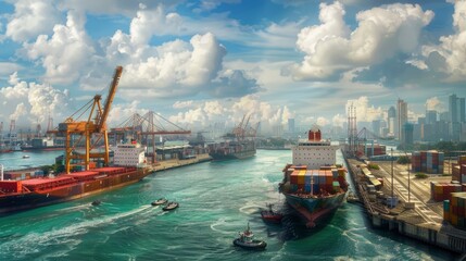 Fototapeta premium Cargo Ships Enter The Busiest Port In Singapore, A Vibrant Hub Of Activity
