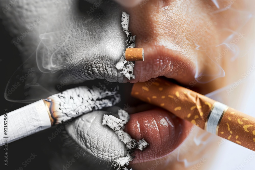 Aufkleber gritty image of lips clenching a cigarette ash and smoke clouding the scene symbolizing the harsh re