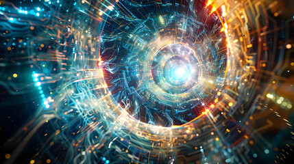 Obraz premium Abstract 3D Rendering of a Futuristic Tunnel with Glowing Lines and Particles