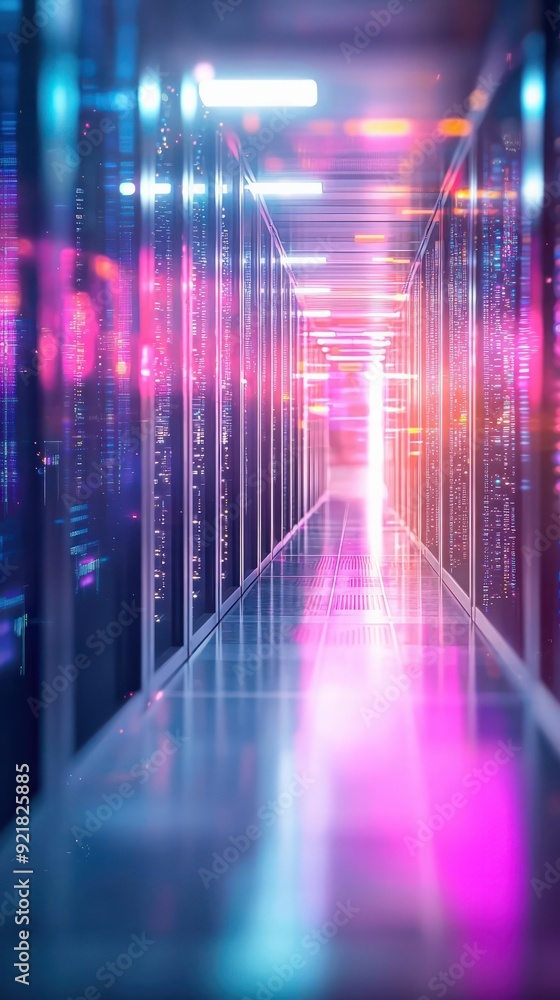 Poster neon-lit server room with encrypted code overlays, encryption, high-tech data protection