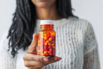Holding Bottle. Woman Carefully Holding Clinical Bottle of Antibiotic Capsules, Closeup on White Background