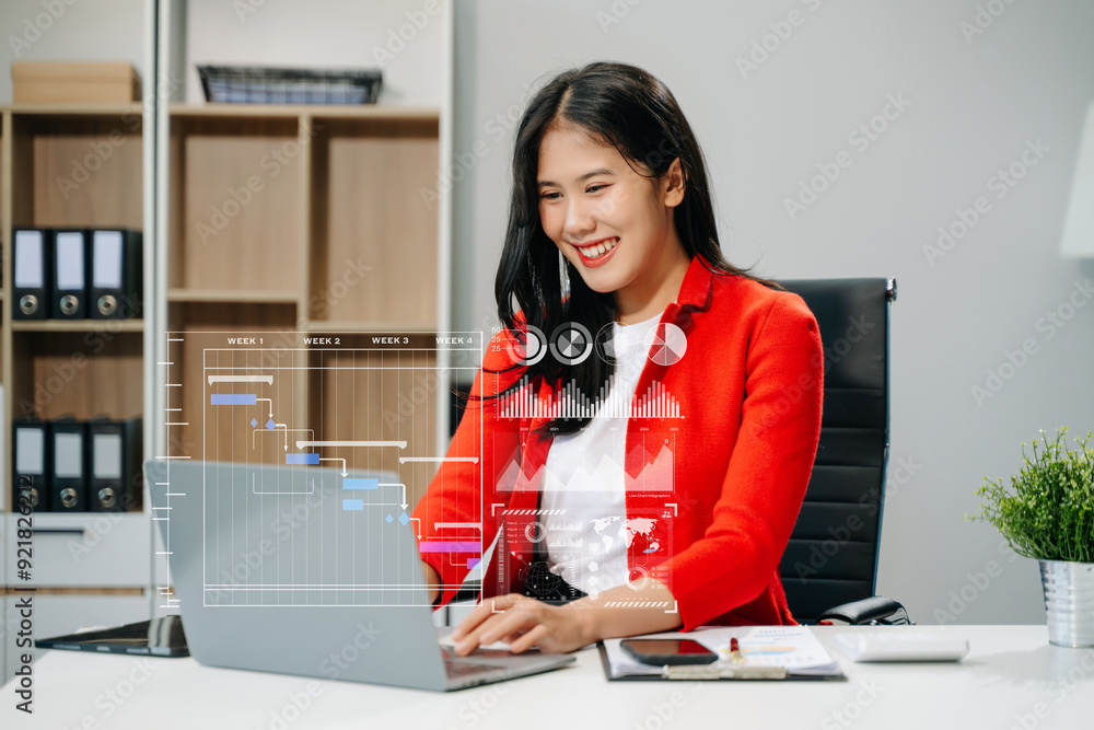 Poster businesswoman hand project manager working and update tasks and gantt chart scheduling virtual diagr