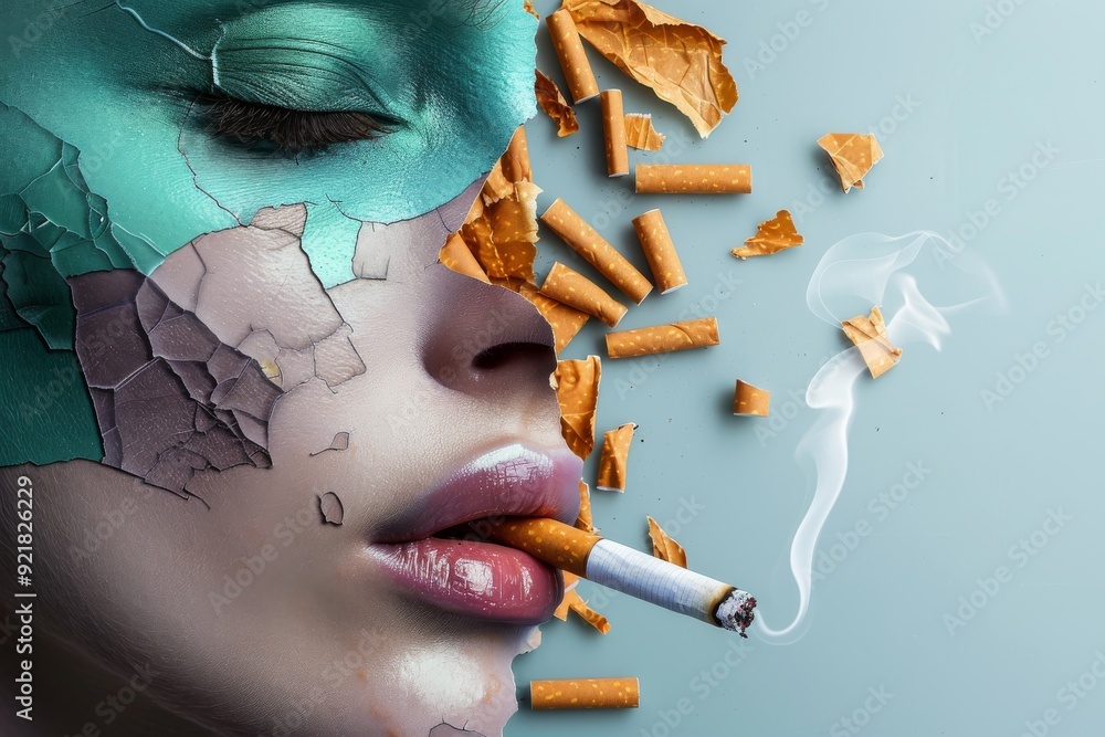 Poster surreal image of cigarettes tumbling from an open mouth symbolizing the overwhelming desire and cons