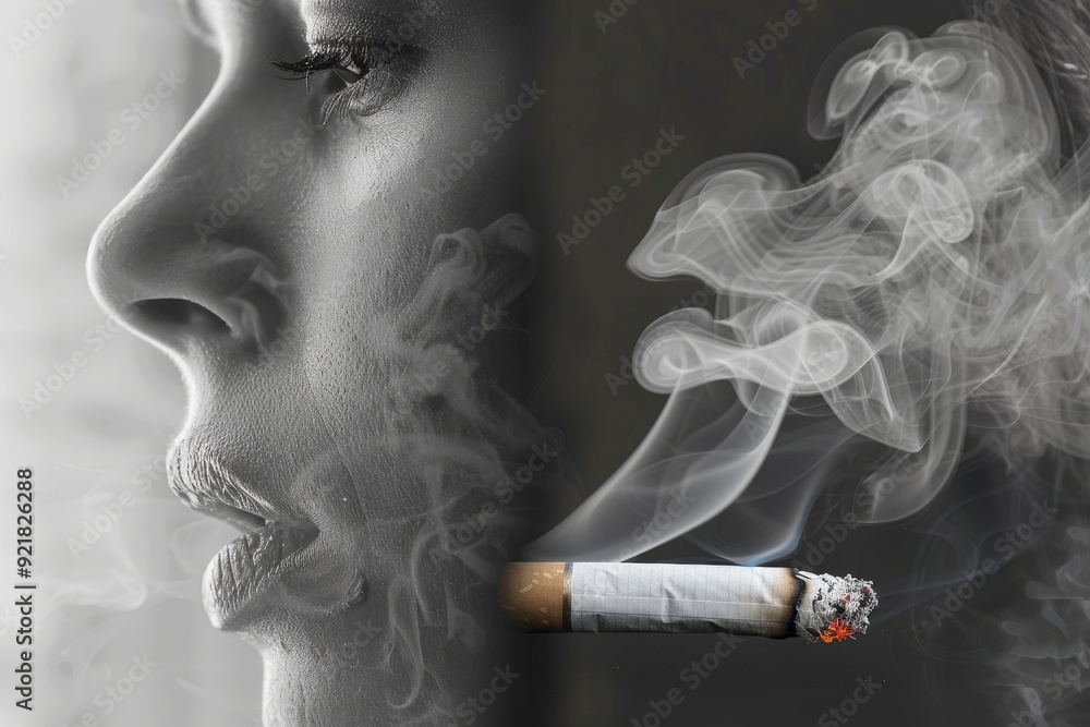 Poster man inhaling deeply from a cigarette against a smoky background illustrating the depth of smoking ad