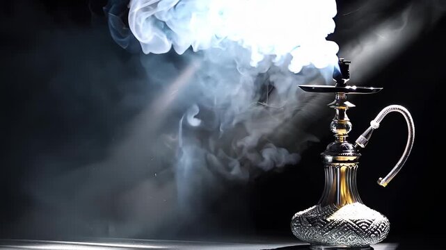 Dark metal hookah with rising smoke on black background illuminated by soft light