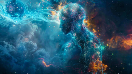 Obraz premium A person's face is shown in a blue and orange swirl of light. The image is abstract and surreal, with a sense of movement and energy. The colors and shapes create a dreamlike atmosphere.