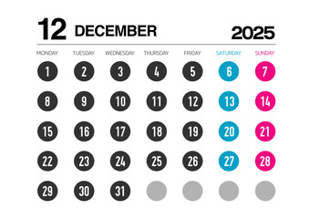 2025年の12月のカレンダー月曜始まり