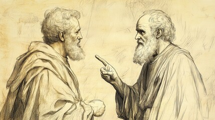 Fototapeta premium Biblical Illustration of The Lord Calls Samuel: Eli Realizing the Lord Is Calling Samuel, Instructing Samuel on How to Respond, Beige Background, Faith, Guidance, Old Testament