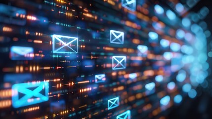 Obraz premium Abstract Digital Background with Glowing Blue Mail Icons and Orange Lines
