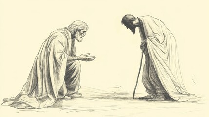 Obraz premium Biblical Illustration of Saul Bowing Down with His Face to the Ground as Samuel’s Spirit Appears, Bible Wall Art with Beige Background