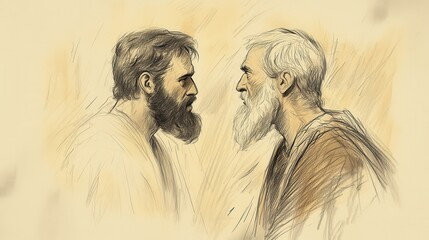 Biblical Illustration of David Speaking to Saul, Questioning Why He Listens to Those Who Say David Intends Harm, Bible Wall Art with Beige Background