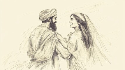 Obraz premium Biblical Illustration of Boaz Marries Ruth: Naomi Rejoicing at Wedding, Holding Ruth's Hand with Happiness, Beige Background, Faith, Joy, Old Testament Story