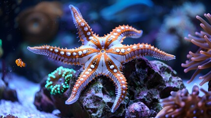 A close-up of an orange and white starfish with white spots on its arms, sitting on a rock with blue, green, and orange coral in the background.
