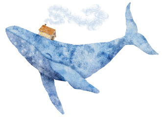 Watercolor children's illustration of a fairy whale with a house, suitable for children's theme