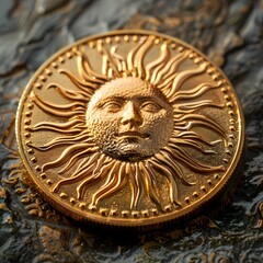 Intricate and Vibrant Golden Coin with Radiant Sun Design Luxurious and Captivating Concept