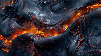 Molten lava is flowing on the surface of a volcano creating an abstract pattern