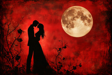 
A dark and mysterious card with a gothic theme, featuring a silhouette of a couple under a full moon, surrounded by thorny roses and dark red accents