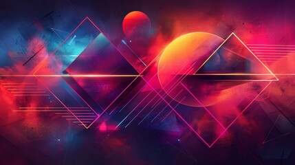 Dynamic abstract geometric composition with vibrant neon colors, featuring overlapping triangles and circles, sharp lines, and a glowing gradient background