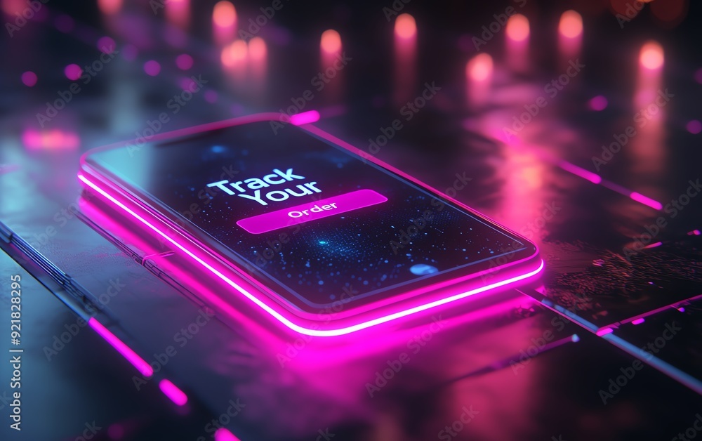 Poster close-up of a smartphone screen with a neon-themed 
