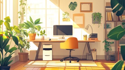 Cozy Creative Haven, a bright workspace featuring warm decor, a white backdrop, and charming character design, embodying a simplistic 2D game art style.