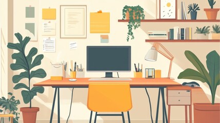 Cozy Workspace Design, inviting atmosphere featuring warm decor against a white backdrop, showcasing character design in a simple, vibrant 2D game art style