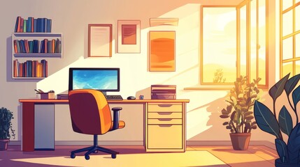 Fototapeta premium Cozy Creative Hub, an inviting workspace featuring warm decor, a clean white backdrop, playful character designs, and a simple, engaging 2D game art style.
