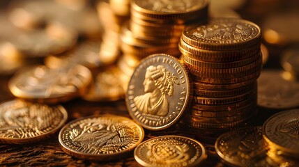 Ornately Designed Golden Coins Stacked in a Vibrant and Alluring Concept with Copy Space