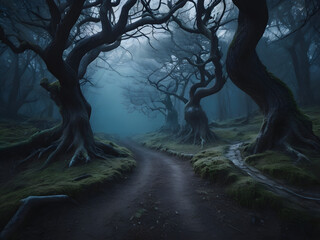 spooky halloween background with moon,halloween night scene with moon,full moon over dark spooky forest at night	
